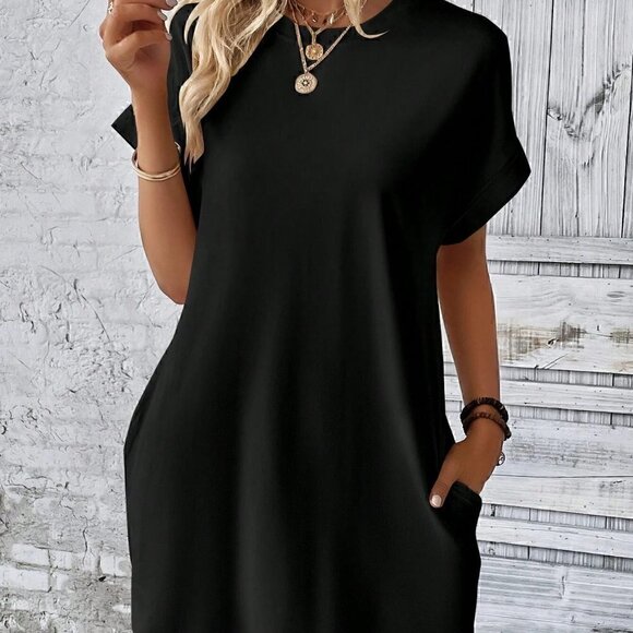 Black Boho Womens  Solid Batwing Sleeve Hidden Pocket Tee Dress - Picture 4 of 5